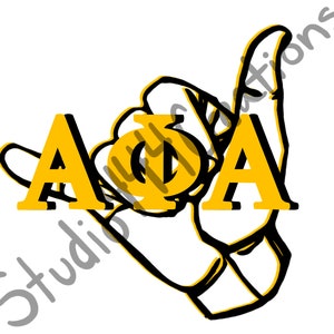 May include: A black and white illustration of a hand making the "shaka" sign with the letters "AΦA" in yellow inside the hand.