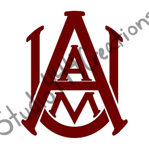 May include: A maroon and white logo with the letters "A&M" intertwined. The "A" is larger and the "M" is smaller and inside the "A".