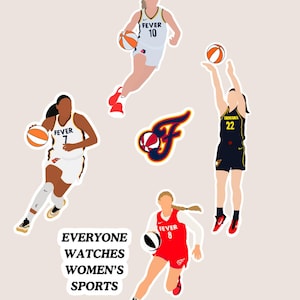 Puede incluir: Una hoja de pegatinas con ilustraciones estilizadas de jugadoras de baloncesto de las Indiana Fever en acción. Las jugadoras visten uniformes blancos, rojos y azul marino. También se incluye el texto "EVERYONE WATCHES WOMEN'S SPORTS".