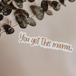 May include: White sticker with the text "You got this mama." written in brown cursive font. The sticker is on a light brown background with eucalyptus leaves in the top left corner.