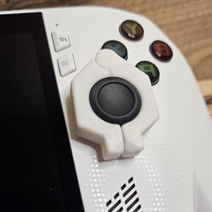 May include: A white handheld gaming console with a black screen and coloured buttons. A white joystick attachment is installed. The device has a black joystick and a black vent.
