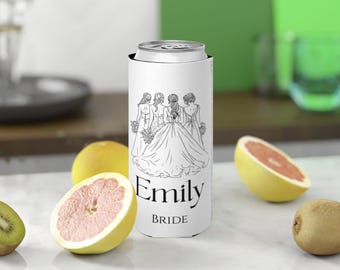 Bride Bridesmaids Illustration Slim Can Cooler | Personalized Emily