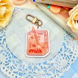 Cute Chocolate Milk Carton Acrylic Keychain | Strawberry Banana OG | Kawaii Bag Decor Charm Keyring | Fun Accessories Gift for Her | JAYUUN