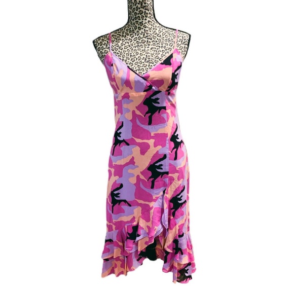 Nicole Miller Y2K Pink Camo silk slip dress size 8