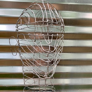 Op de afbeelding: Een draadgaas sculptuur van een menselijk hoofd en torso. De sculptuur is gemaakt van dun, zilverdraad en wordt in de hand van een persoon gehouden.