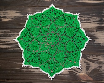 Green crochet textured doily with hshamrocks. Finished Shamrock Soiree doily. Saint Patrick's Day decor.