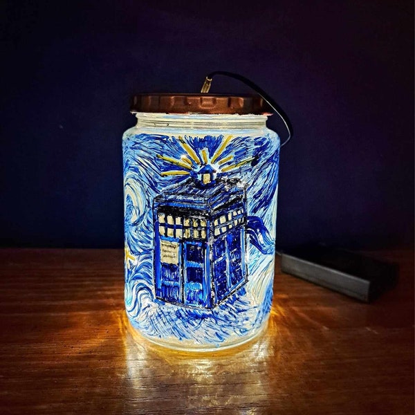 Blue Box Fan Art - Hand Painted Fairy Light - Upcycled Glass Jar Lamp