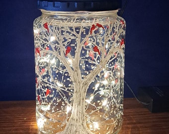 White Winter Tree with Red Birds Hand Painted Fairy Light - Upcycled Glass Jar Lamp