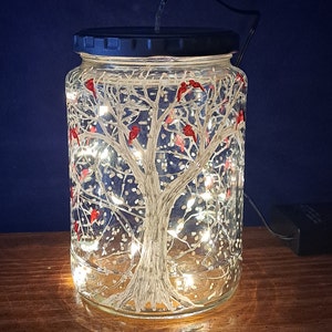 White Winter Tree with Red Birds Hand Painted Fairy Light - Upcycled Glass Jar Lamp