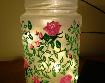Cottagecore Pink Rose Vine Frosted Hand Painted Fairy Light - Upcycled Glass Jar Lamp