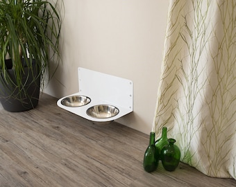 tijdloze voerbakhouder van wit gepoedercoat staal, inclusief roestvrijstalen kommen, voerbak, hondenbak, hondenstang, voerstation, bar