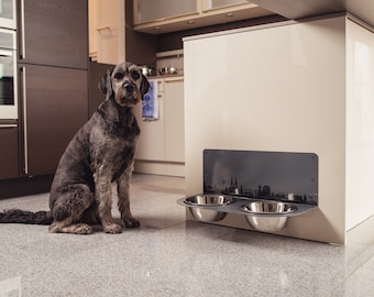 Elegante voerbakhouder van grijs gepoedercoat staal, inclusief roestvrijstalen voerbak, hondenbak, hondenstang, voerstation, stang