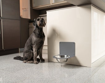 Tijdloze komhouder van grijs gepoedercoat staal, inclusief roestvrijstalen kom, voerbak, hondenbak, hondenrek, voerstation, rek