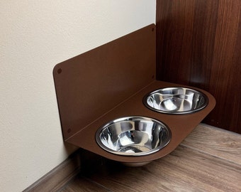 Elegante voerbakhouder van bruin gepoedercoat staal, inclusief roestvrijstalen voerbakken, voerbak, hondenvoerbak, hondenrek, voerstation