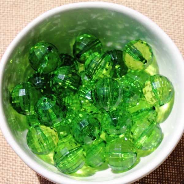 20MM-Bright Green transparent faceted round bubblegum beads. 10 count bright green transparent, acrylic beads, faceted beads, holiday green