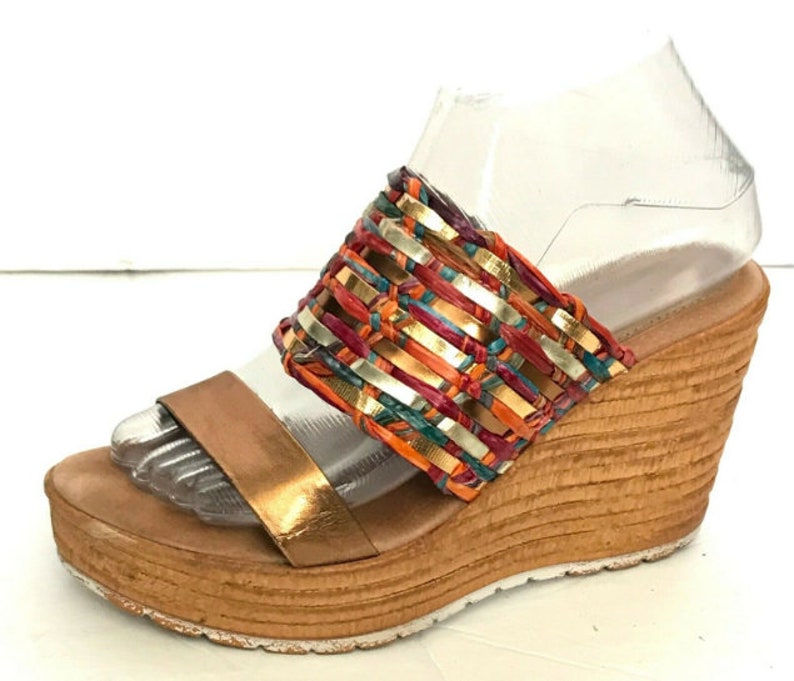 SBICCA Woven Rattan Faux Wood Wedge Sandals Gold Red Blue size | Etsy