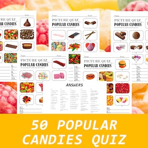 50 Printable POPULAR CANDIES Picture Quiz,  Picture Trivia, Party Game, Trivia Questions, Pub Quiz, Game Night, Instant Download, Digital