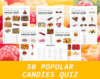 50 Printable POPULAR CANDIES Picture Quiz,  Picture Trivia, Party Game, Trivia Questions, Pub Quiz, Game Night, Instant Download, Digital