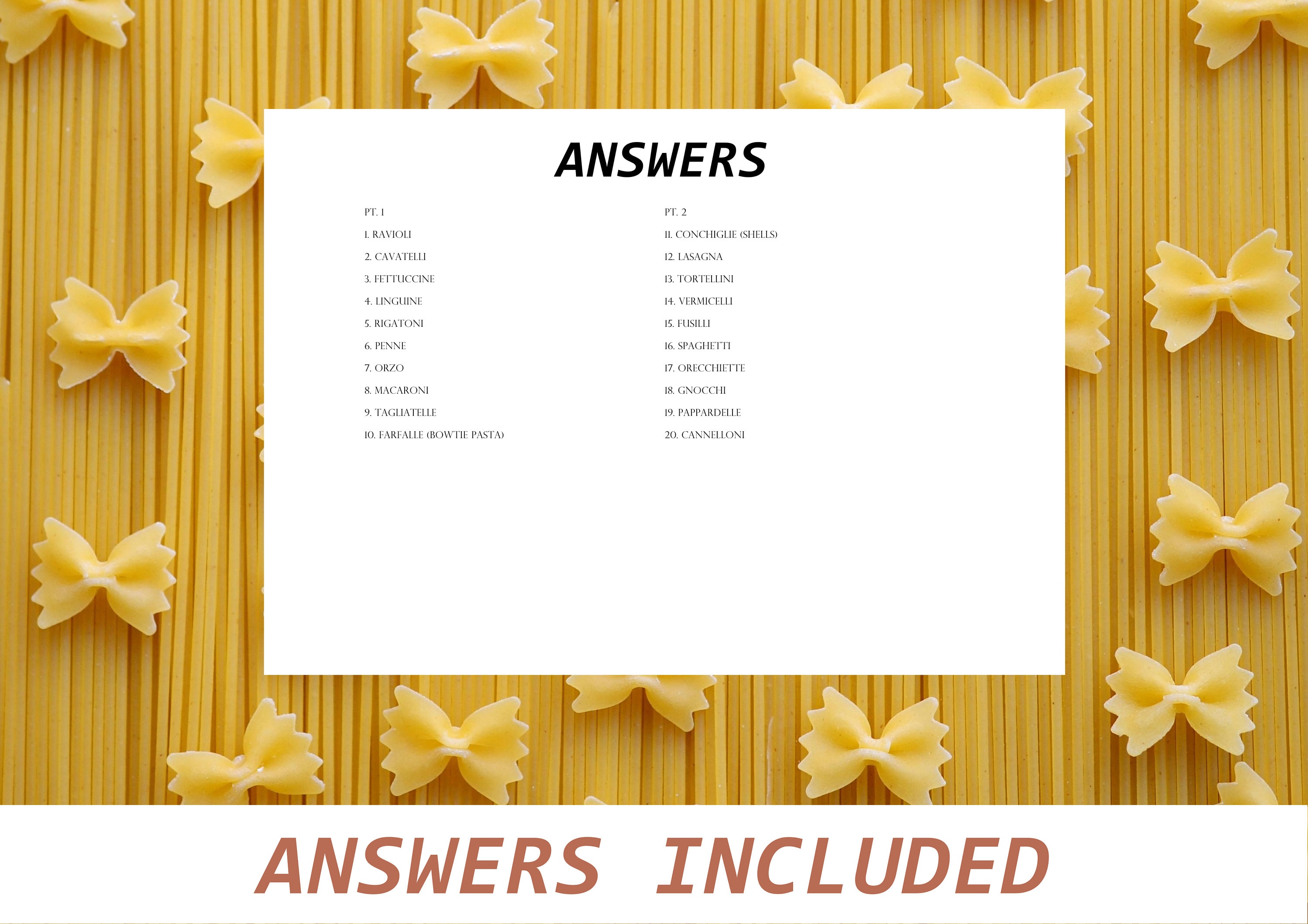 20 Printable Pasta Types Picture Quiz, Picture Trivia, Party Game, Trivia Questions, Pub Quiz