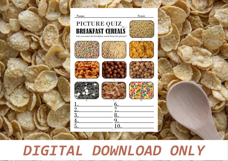 20 Printable Breakfast Cereals Picture Quiz, Picture Trivia, Party Game