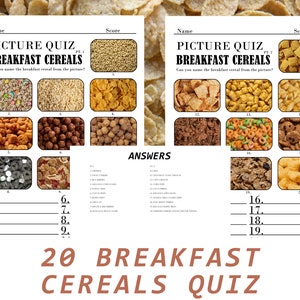 20 Printable Breakfast Cereals Picture Quiz,  Picture Trivia, Party Game, Trivia Questions, Pub Quiz, Game Night, Instant Download, Digital