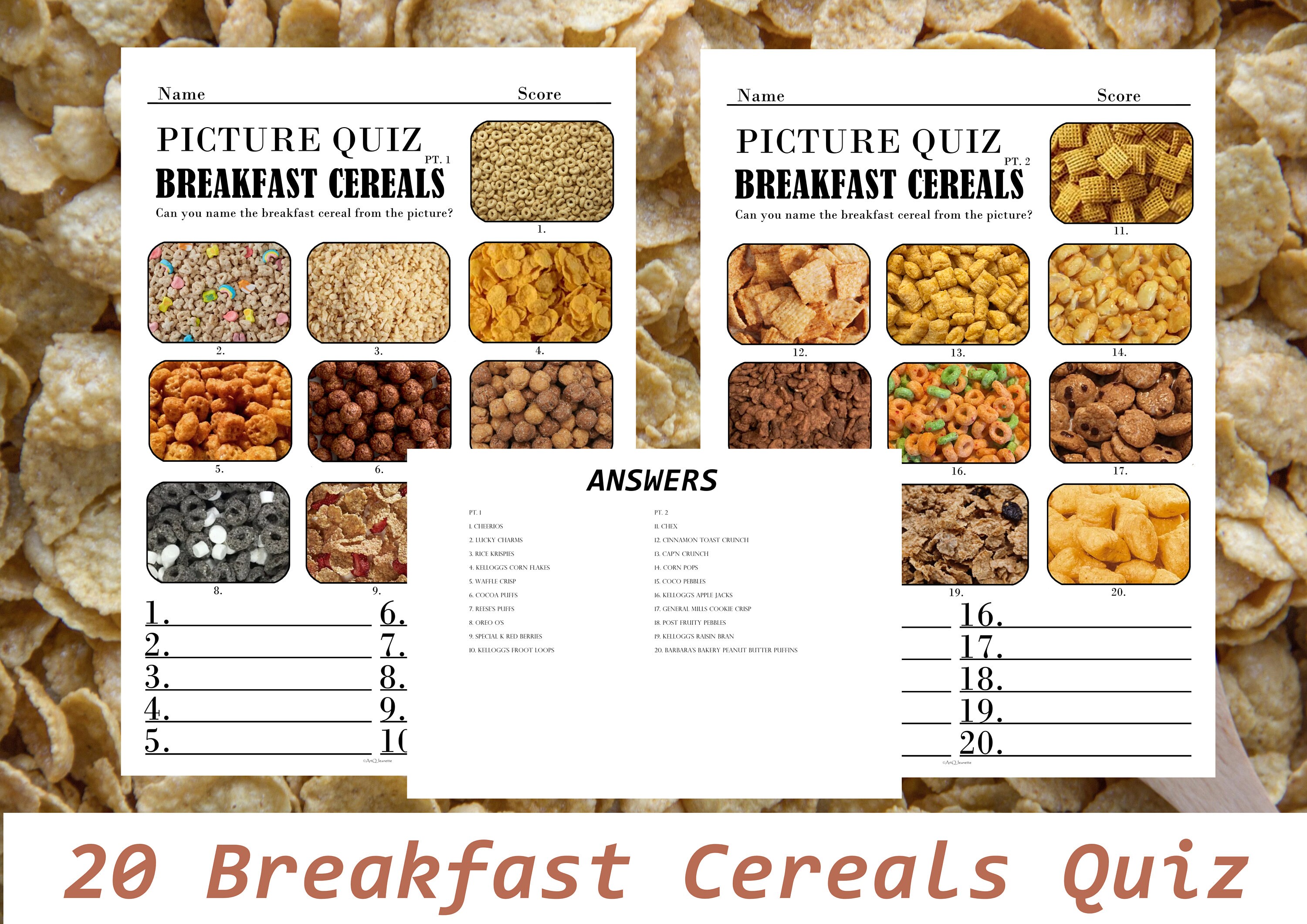 20 Printable Breakfast Cereals Picture Quiz, Picture Trivia, Party Game