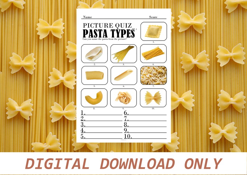 20 Printable Pasta Types Picture Quiz, Picture Trivia, Party Game, Trivia Questions, Pub Quiz