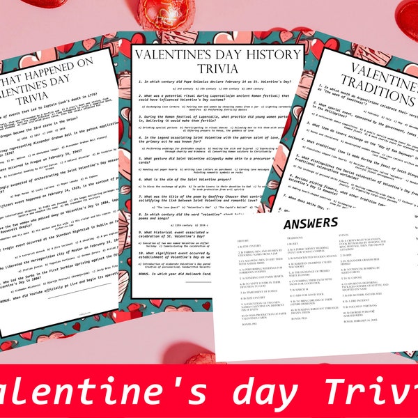 Valentine's Day Trivia Quiz, Holiday Party Game, Trivia Questions, Valentine's Day Games, Game Night, Printable Instant Download, Digital