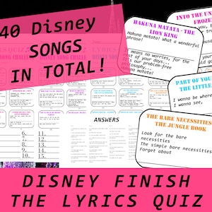 Canciones de Dis'ney terminan la letra Trivia musical / 40 preguntas / Juegos de grupos musicales / Dis'ney terminan la letra / Juego de fiesta familiar para cantar