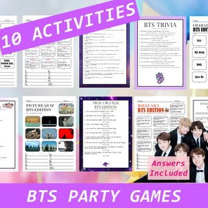 Juegos de fiesta BTS / Paquete de juegos de trivia BTS / Juego divertido para fiestas de adolescentes / Ejército BTS / Merchandising BTS / Regalos BTS / Regalos Kpop / Calcomanías Kpop / Regalos Kpop