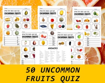 50 Printable UNCOMMON FRUITS Picture Quiz,  Picture Trivia, Party Game, Trivia Questions, Pub Quiz, Game Night, Instant Download, Digital