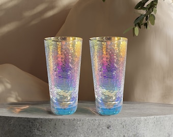 Set of 2 Iridescent Hammered Cocktail & Water Tumblers Glasses for Parties or Home Dining Crystal Wedding Birthday Unique Glassware Gift