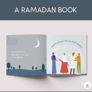 May include: An open book with a light blue background. The left page shows a crescent moon and the text "The moment the Ramadan moon has been sighted". The right page shows a group of people celebrating and the text "Muslims all over the world get excited!"
