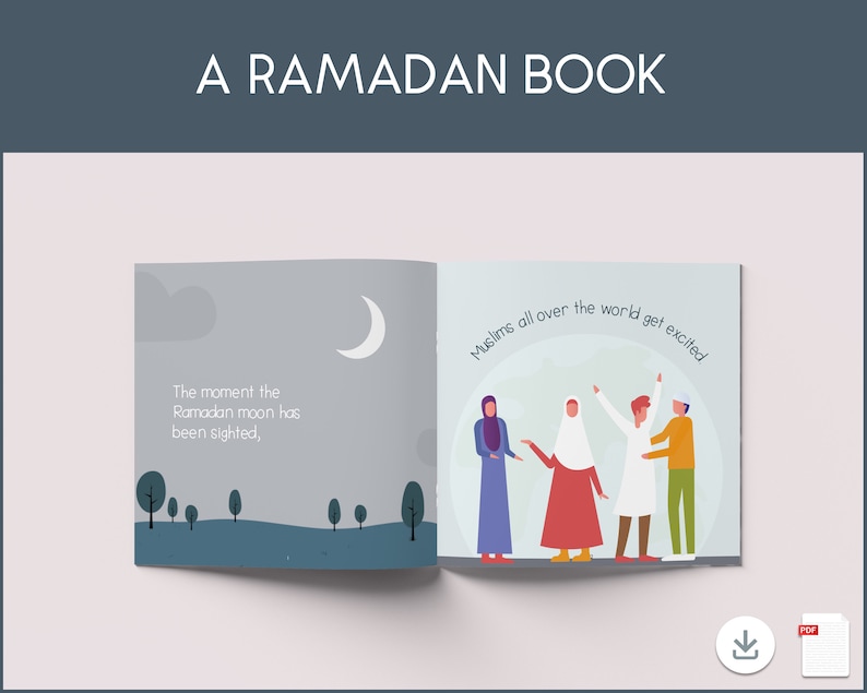 May include: An open book with a light blue background. The left page shows a crescent moon and the text "The moment the Ramadan moon has been sighted". The right page shows a group of people celebrating and the text "Muslims all over the world get excited!"