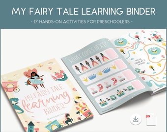 May include: A colorful binder with the title "My Fairy Tale Learning Binder" and the text "17 Hands-On Activities for Preschoolers". The binder features illustrations of a princess, a castle, a dragon, and a carriage.