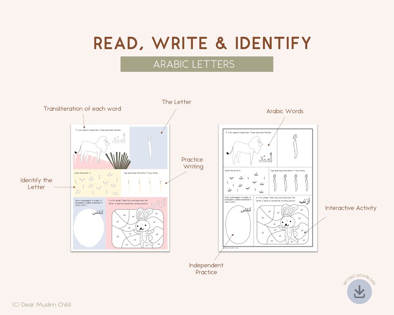 May include: A printable worksheet for learning Arabic letters. The worksheet features a lion, a rabbit, and the Arabic letter 'alif'. The worksheet includes activities for identifying, tracing, and writing the letter.