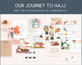 May include: A colorful illustrated guide to Hajj, a pilgrimage to Mecca, with text and images depicting the journey. The guide includes information about the steps of Hajj, the history of the pilgrimage, and the importance of the event.