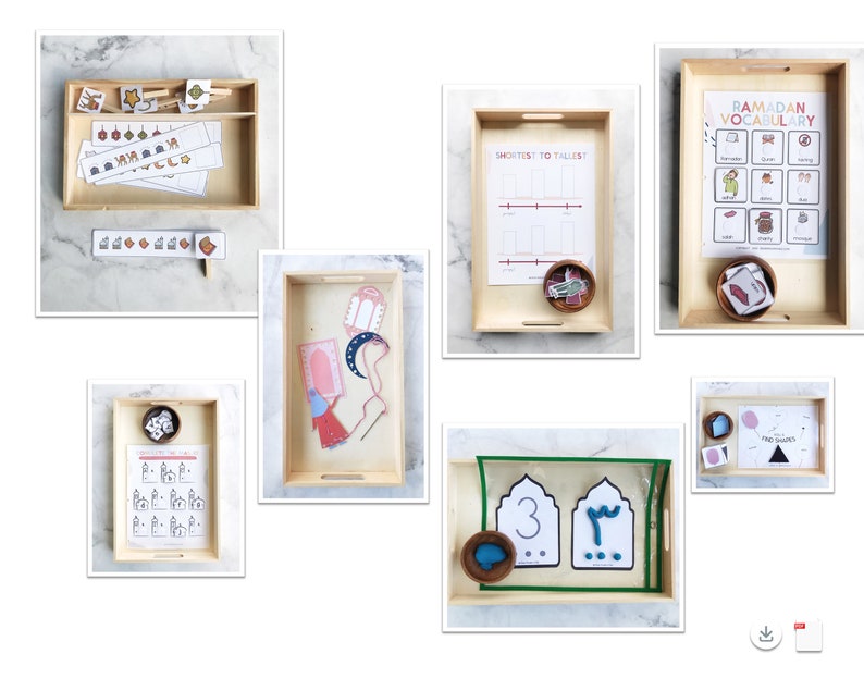 May include: A set of six wooden trays with various educational activities for children. The trays contain activities such as sorting, matching, counting, and vocabulary building. The activities are themed around Ramadan.
