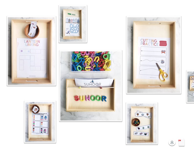 May include: A set of wooden trays with various educational activities for children. The trays include a lantern linking activity, a cutting practice worksheet, a color matching activity, a letter matching activity, and a suhoor word building activity.
