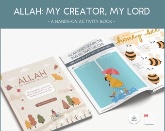May include: A colorful activity book for toddlers and preschoolers titled "Allah: My Creator, My Lord". The cover features a child riding a bicycle through a forest. The book includes interactive activities about Allah (SWT).