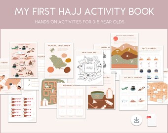 May include: A colorful activity book for children ages 3-5 about the Hajj pilgrimage. The book features illustrations of the Kaaba, the mosque, and other important landmarks. The book includes activities such as mazes, coloring pages, and word searches.