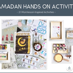 May include: A collection of 21 Montessori-inspired activities for Ramadan, including a mystery picture puzzle, cutting practice, and a Suhoor and Iftar matching game. The activities are designed to help children learn about the Islamic holiday of Ramadan.