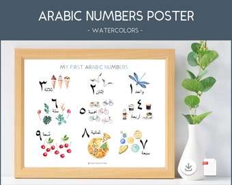 Arabische cijfers poster, preschool nummers poster, afdrukbare educatieve poster, Arabische muur decor, aquarel, download, afdrukbare, islam