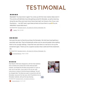 Puede incluir: Tres testimonios de clientes para un kit de actividades de Ramad&aacute;n. El primer testimonio dice: "&iexcl;Mashallah!! &iexcl;Lo has vuelto a hacer! &iexcl;Se te ocurren las ideas m&aacute;s creativas de todos los tiempos! Esta actividad definitivamente har&aacute; que los ni&ntilde;os se emocionen por el Ramad&aacute;n, y tambi&eacute;n aprender&aacute;n en el camino (ni siquiera se dar&aacute;n cuenta de que est&aacute;n aprendiendo) Soy fan para siempre de tus lindas ilustraciones No puedo esperar para imprimirlas y ponerlas en uso Eres INCRE&Iacute;BLE!!! &iexcl;Jazak Allah kher!!!" El segundo testimonio dice: "En serio, esta fue mi compra favorita de este Ramad&aacute;n. A mis hijos les ha encantado recibir una nueva carta cada d&iacute;a. Est&aacute;n escritas de forma fant&aacute;stica y a mi hija de segundo grado le encanta le&eacute;rselas a sus hermanos menores. Espero que el pr&oacute;ximo a&ntilde;o haya un nuevo set para mezclar la emoci&oacute;n de nuevo. Gracias por un producto superior que vale la pena la inversi&oacute;n. JAK" El tercer testimonio dice: "Querida Muslim Child nunca decepciona, con su est&eacute;tica fresca que es atemporal y un contenido que es tanto para ni&ntilde;os como para adultos. Compr&eacute; las 30 letras y las imprim&iacute; en cartulina, para poder reutilizarlas. Puse una nota para mi hijo, con instrucciones sobre d&oacute;nde encontrar el desaf&iacute;o enmarcado. Esto se cambiar&aacute; a diario. Las letras se utilizan en conjunci&oacute;n con los recursos del Ramad&aacute;n del a&ntilde;o pasado, que encajan perfectamente en mi calendario del Ramad&aacute;n, mostrando solo la parte superior."