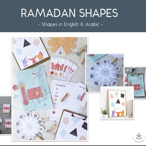 May include: A set of printable Ramadan-themed educational activities for kids featuring shapes in English and Arabic. The activities include a shape matching game, a shape identification game, and a shape tracing activity. The activities are designed to help kids learn about shapes and their names in both English and Arabic.