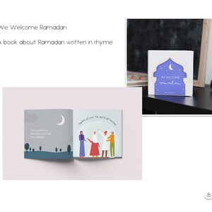 May include: An open book with illustrations of people celebrating Ramadan. The book cover features a crescent moon and the text "We Welcome Ramadan".