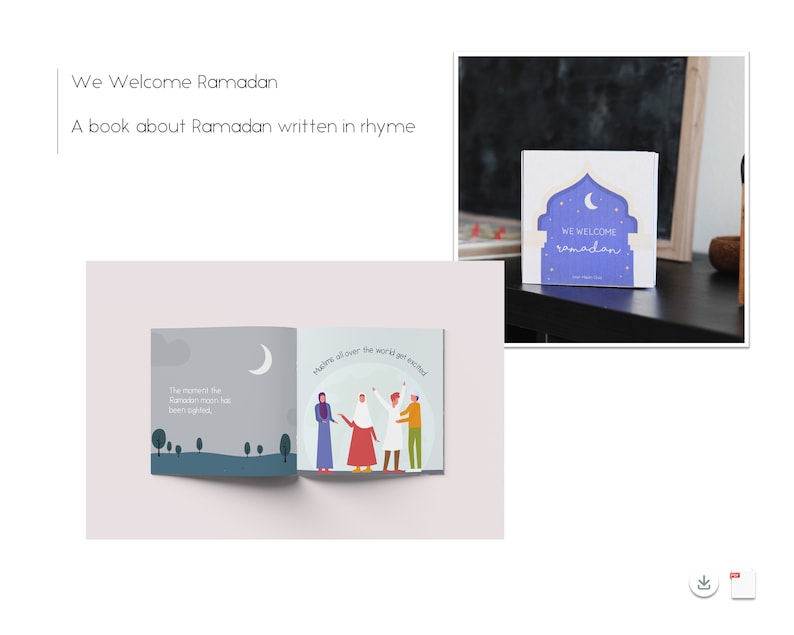 May include: An open book with illustrations of people celebrating Ramadan. The book cover features a crescent moon and the text "We Welcome Ramadan".