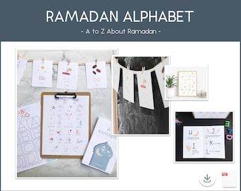 May include: A printable Ramadan alphabet activity set with colorful illustrations. The set includes a banner with letters, a printable alphabet chart, a tracing worksheet, and a book with letter activities. The set is perfect for teaching children about Ramadan.