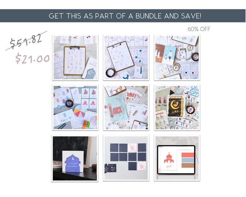 May include: A collection of printable educational resources for children, including alphabet charts, number flashcards, and activity sheets. The resources feature a colorful, playful design with illustrations of Islamic themes. The text "GET THIS AS PART OF A BUNDLE AND SAVE! 60% OFF" is displayed at the top of the image.