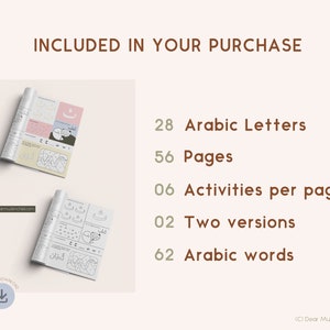 May include: Two pages from a printable Arabic alphabet workbook. The pages feature activities for learning the Arabic alphabet, including tracing, coloring, and matching. The workbook includes 28 Arabic letters, 56 pages, 6 activities per page, 2 versions, and 62 Arabic words.